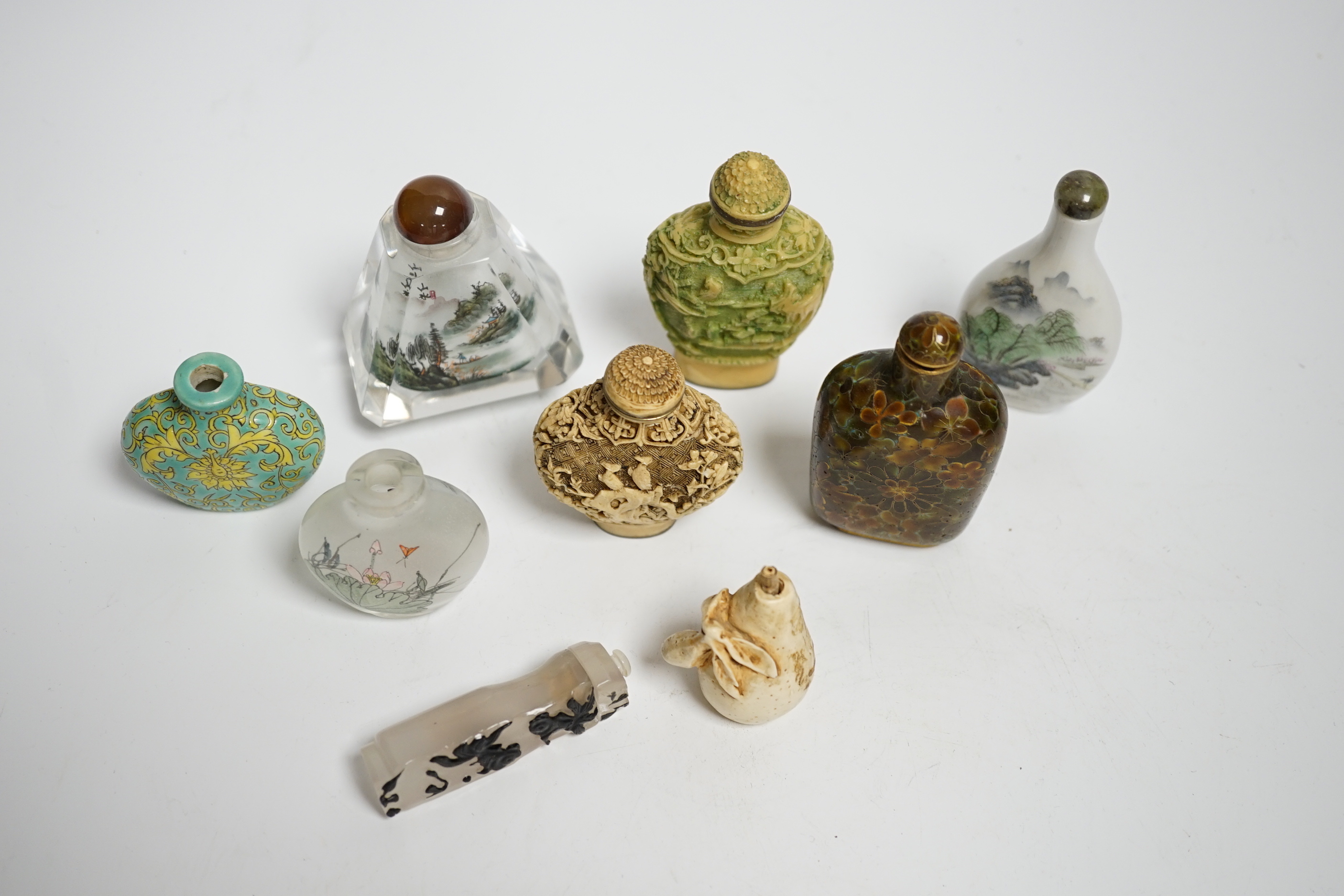 Nine various Chinese snuff bottles including porcelain, resin and glass, largest 8cm high